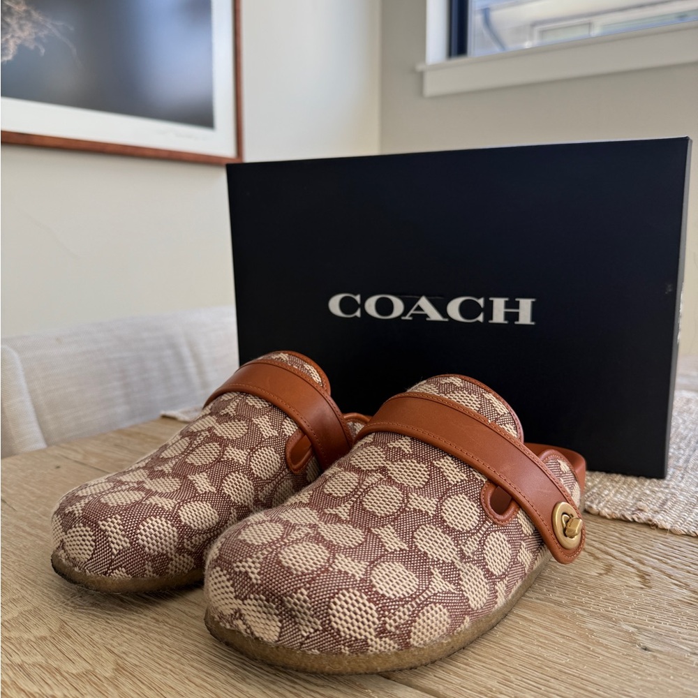 Coach Tan and Brown Monogram Clogs